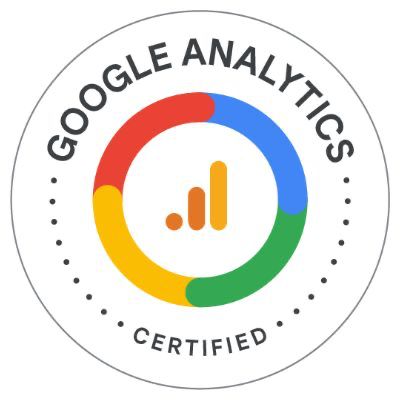 Google Analytics -sertifiointimerkki, jossa on punainen, keltainen, vihreä ja sininen ympyrä, jonka keskellä on kaavio.