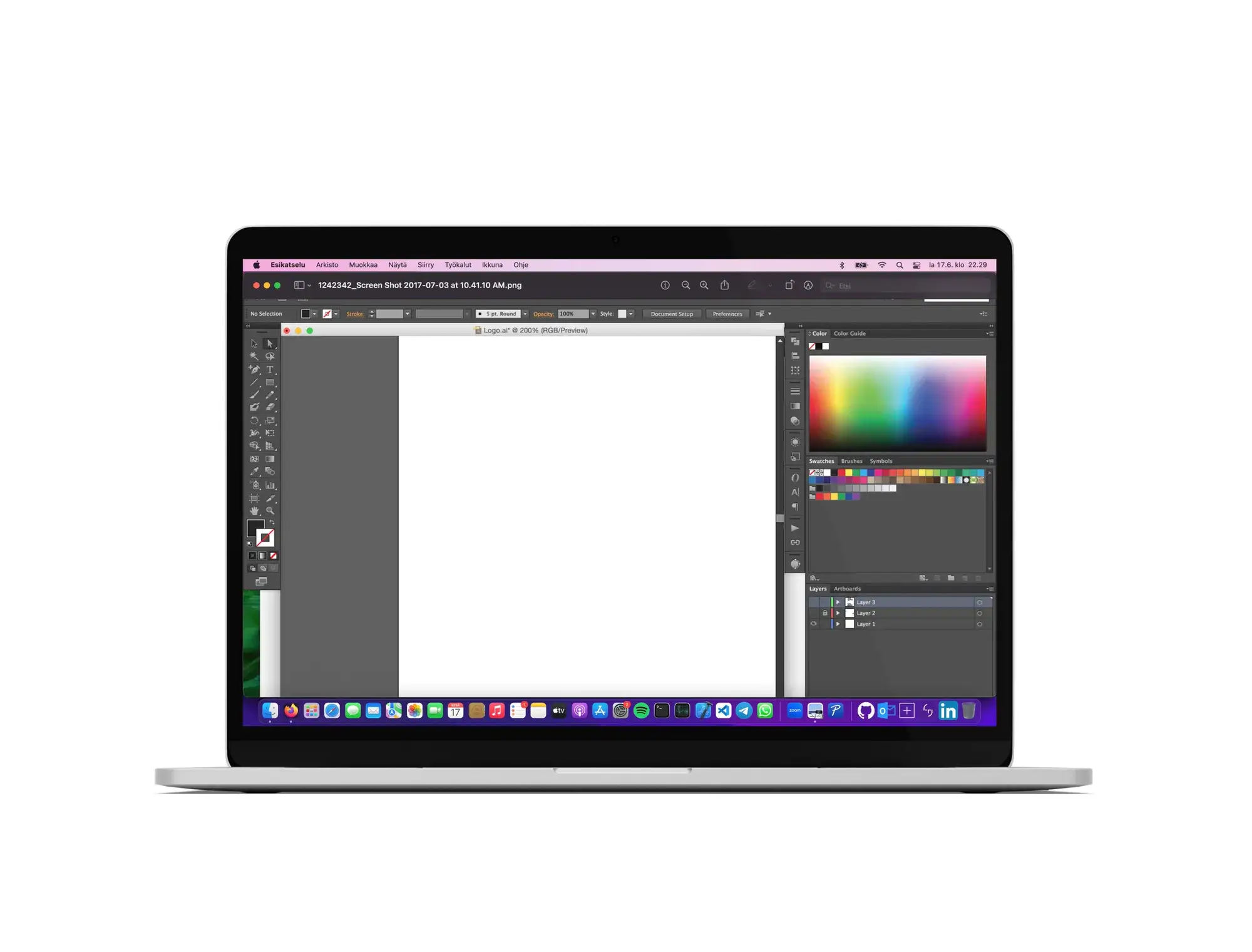 Macbook kannettava tietokone, jossa on näkymä Adobe Illustrator ohjelmasta.