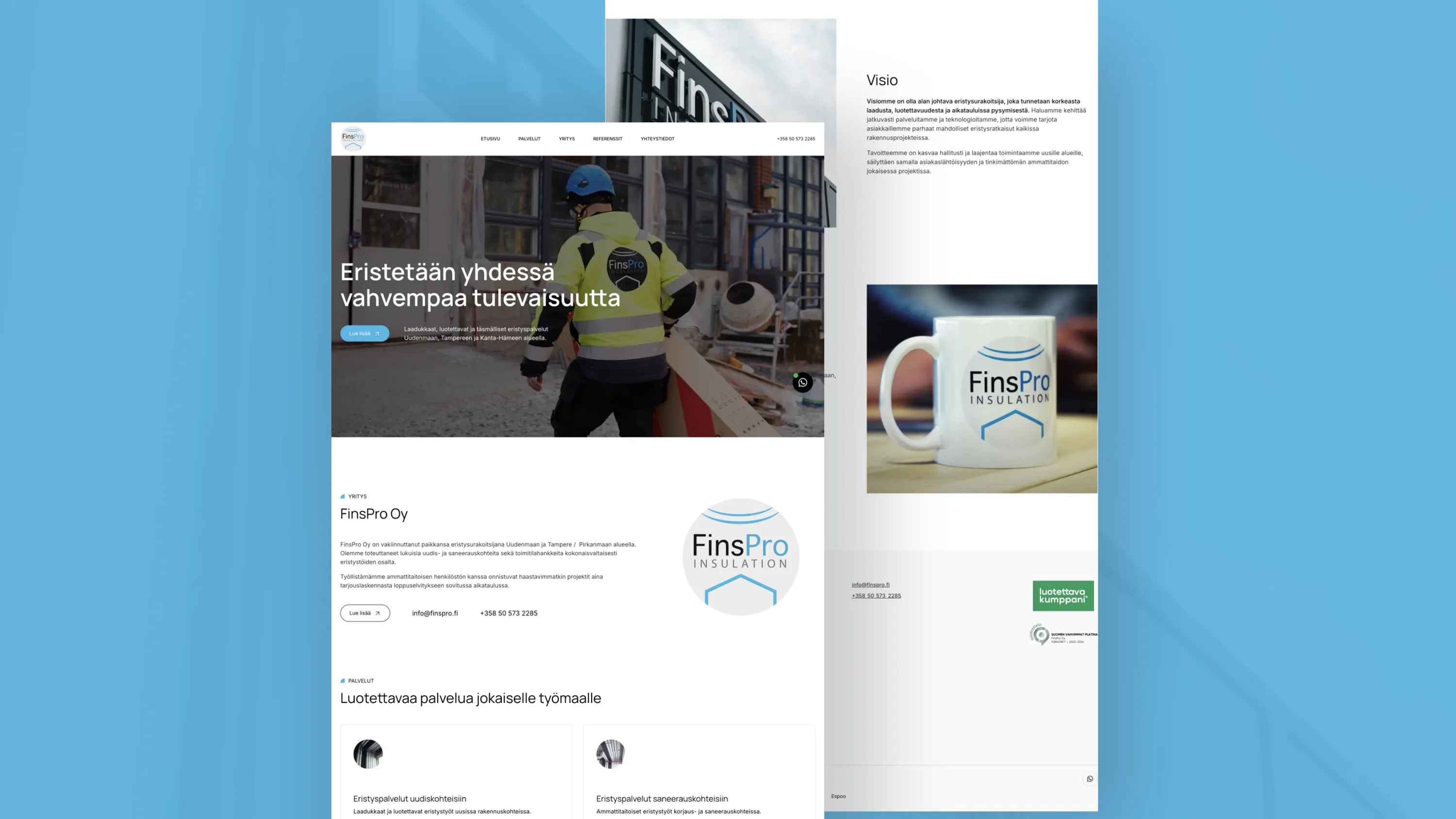 FinsPro-sivusto, jossa näkyy rakennustyömaa ja eristystyöhön liittyvää tekstiä sekä FinsPro-muki ja logo.