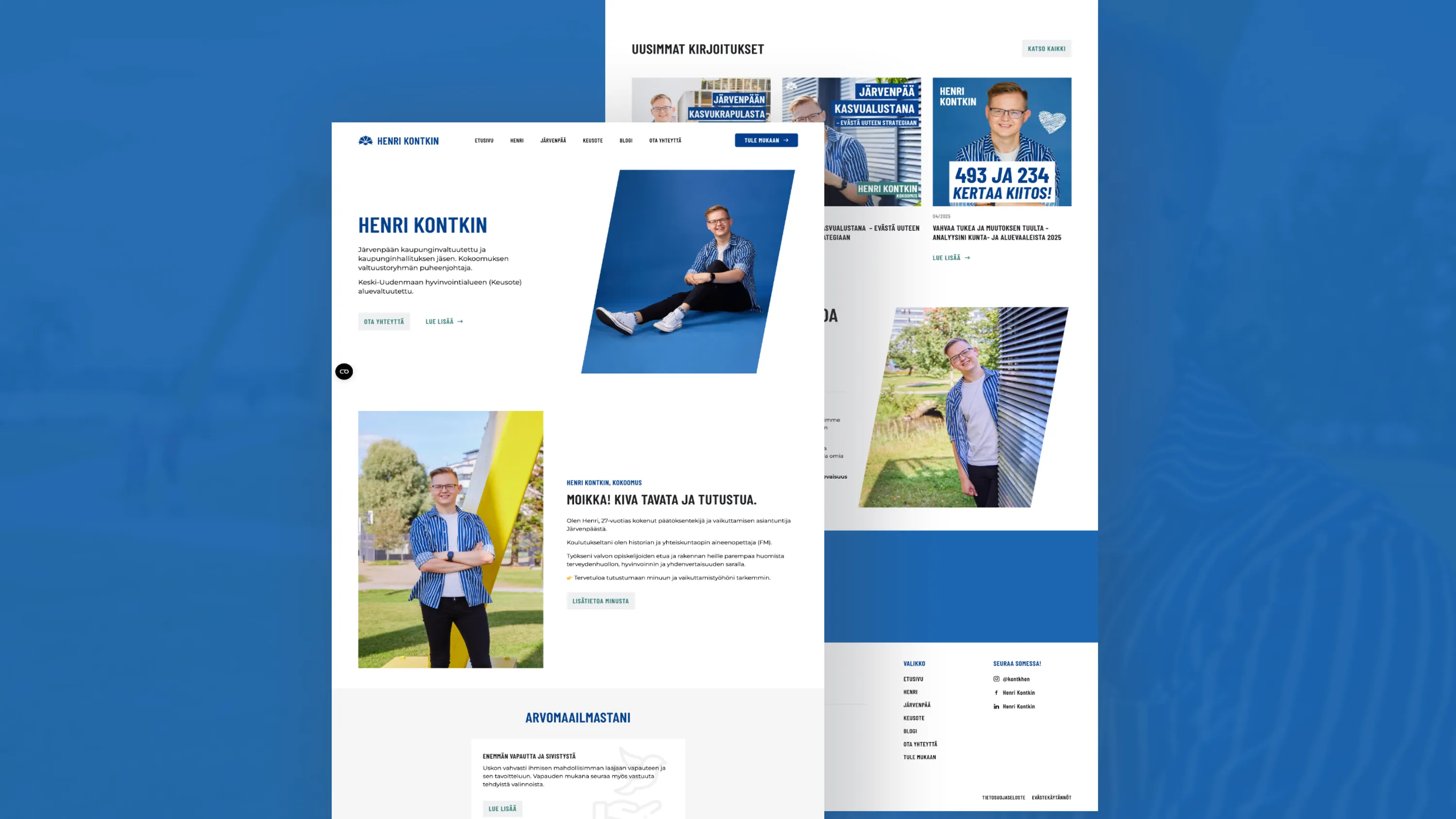 Henri Kontkinin kotisivun etusivu, jossa on kuvia Henri Kontkinista sinisellä taustalla ja ulkona, sekä teksti hänen taustastaan, arvoistaan ja viimeisimmistä kirjoituksistaan.