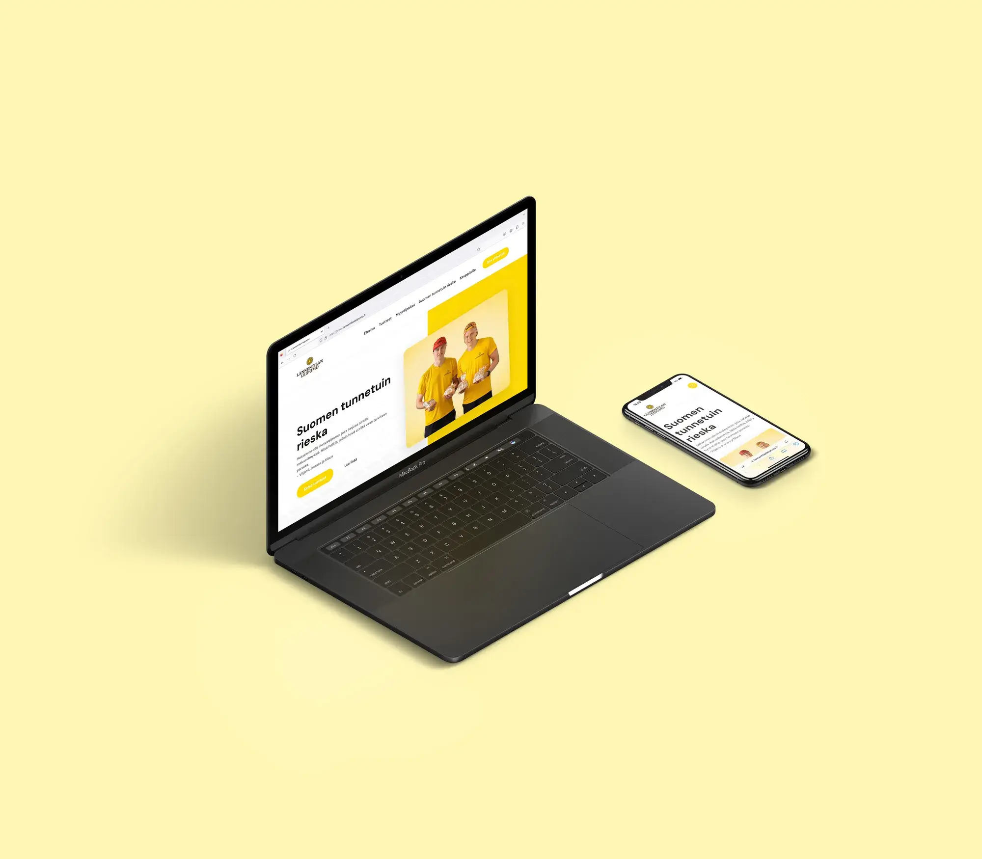 Kannettava tietokone ja älypuhelin,  joissa on auki Lännentilan leipomon verkkosivut.