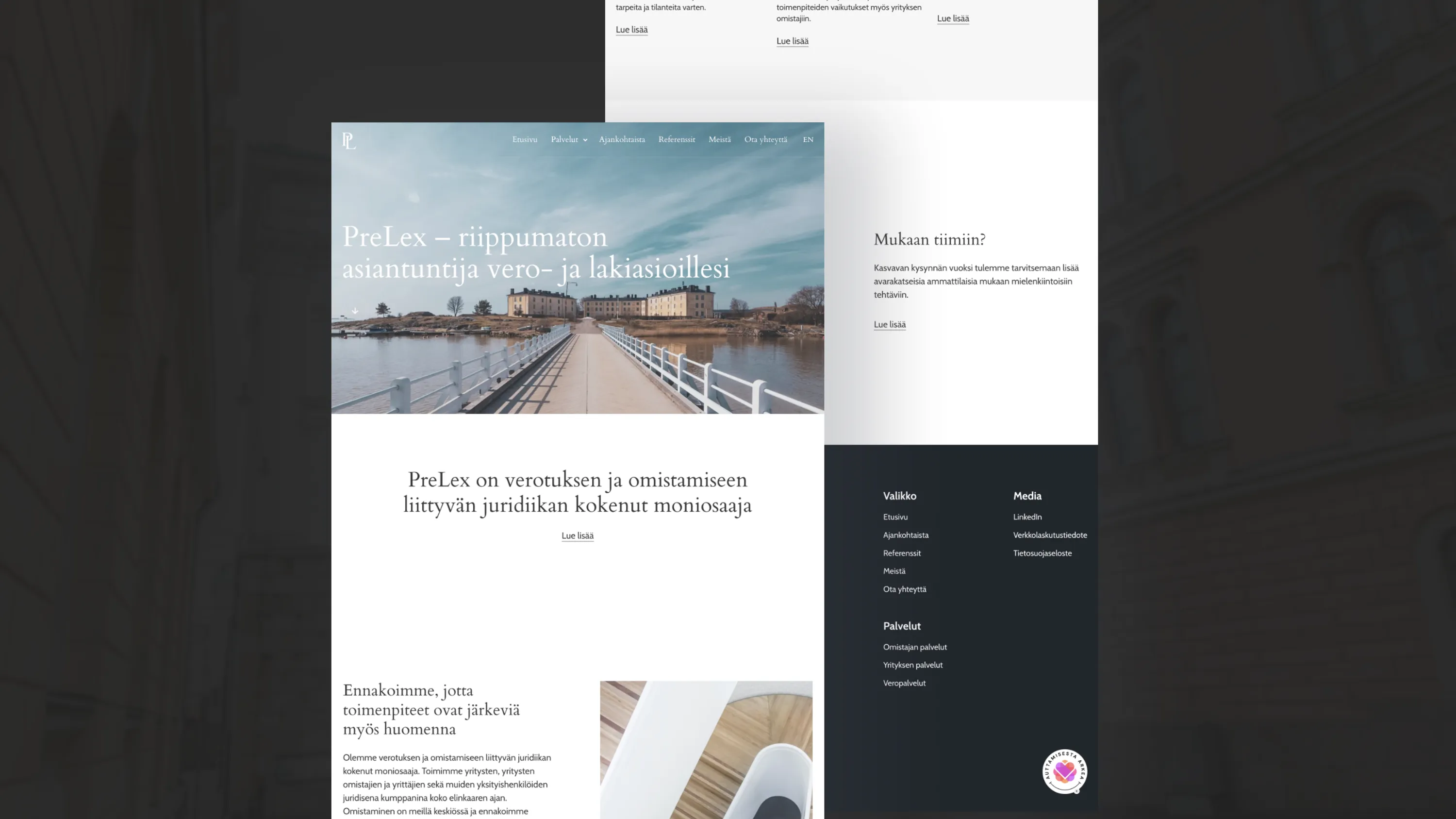PreLexin verkkosivun etusivu, jossa näkyy silta ja teksti: riippumaton asiantuntija vero- ja lakiasioille.