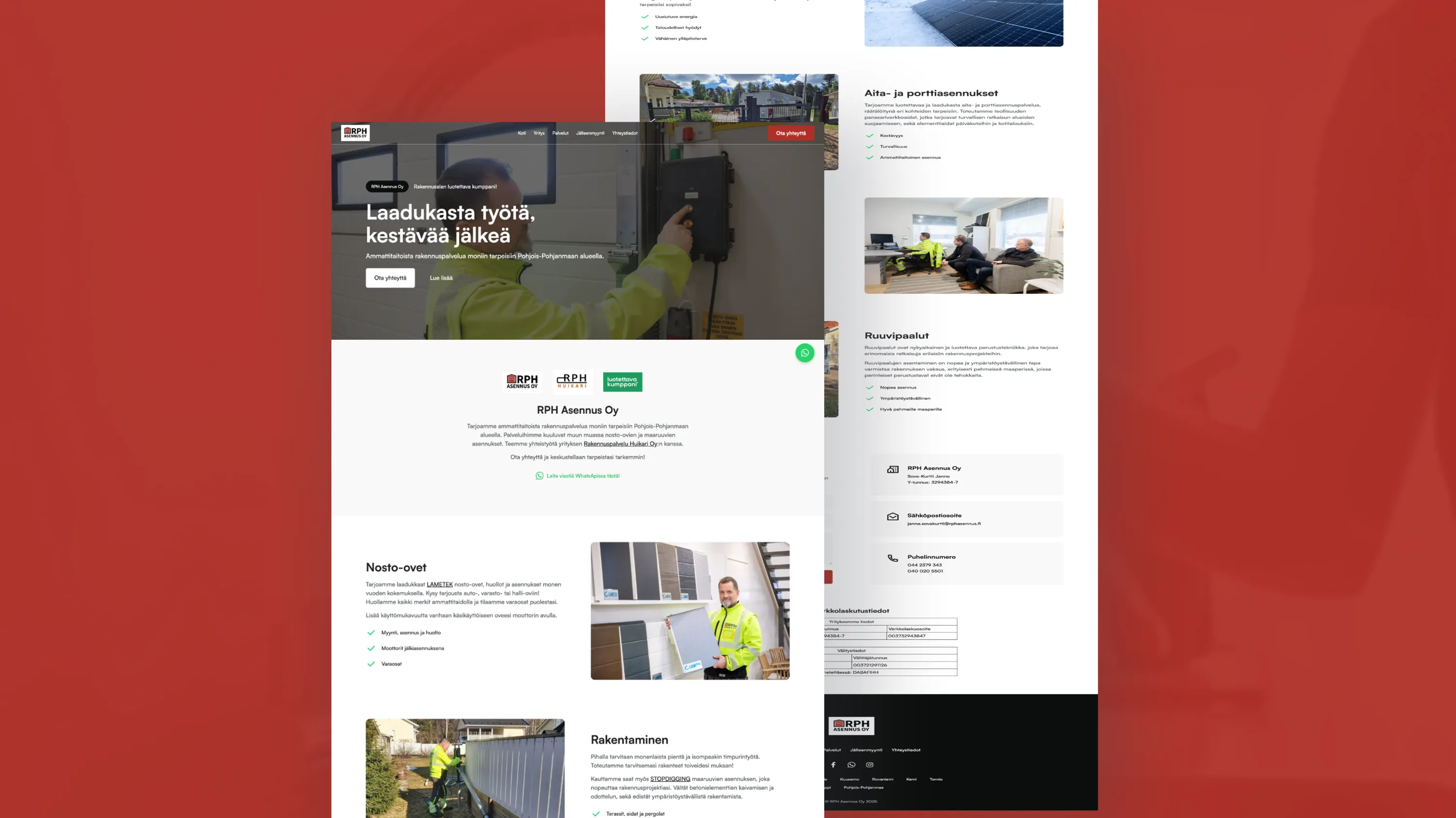 Rakennusalan yrityksen kotisivu, jossa näkyy työntekijä keltaisessa takissa ja kuvia nosto-ovista ja rakentamisesta.