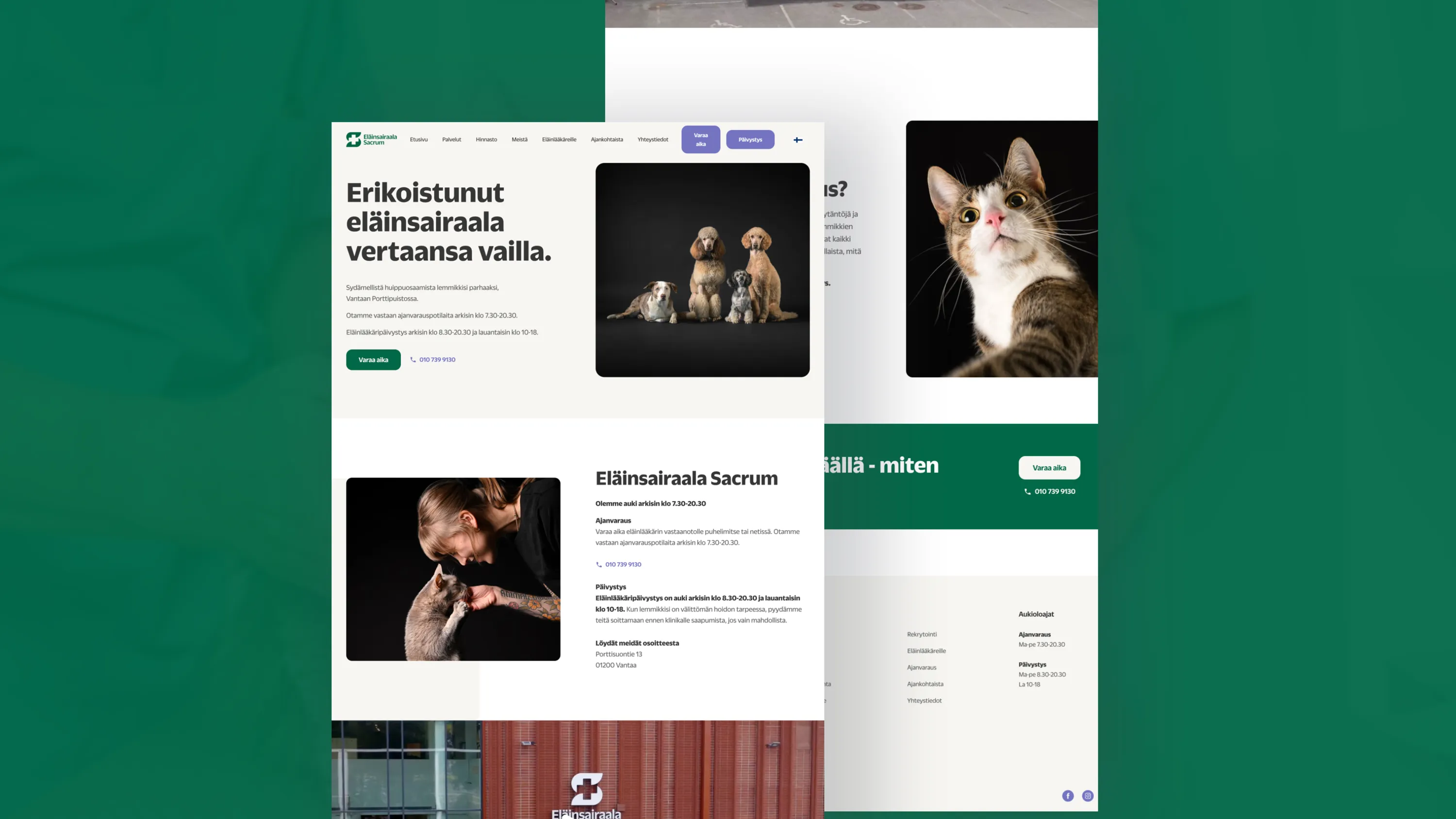 Eläinsairaala Sacrumin verkkosivun etusivu, jossa näkyy kuvia koirista, kissasta ja naisesta sekä tiedot aukioloajoista ja yhteystiedoista.