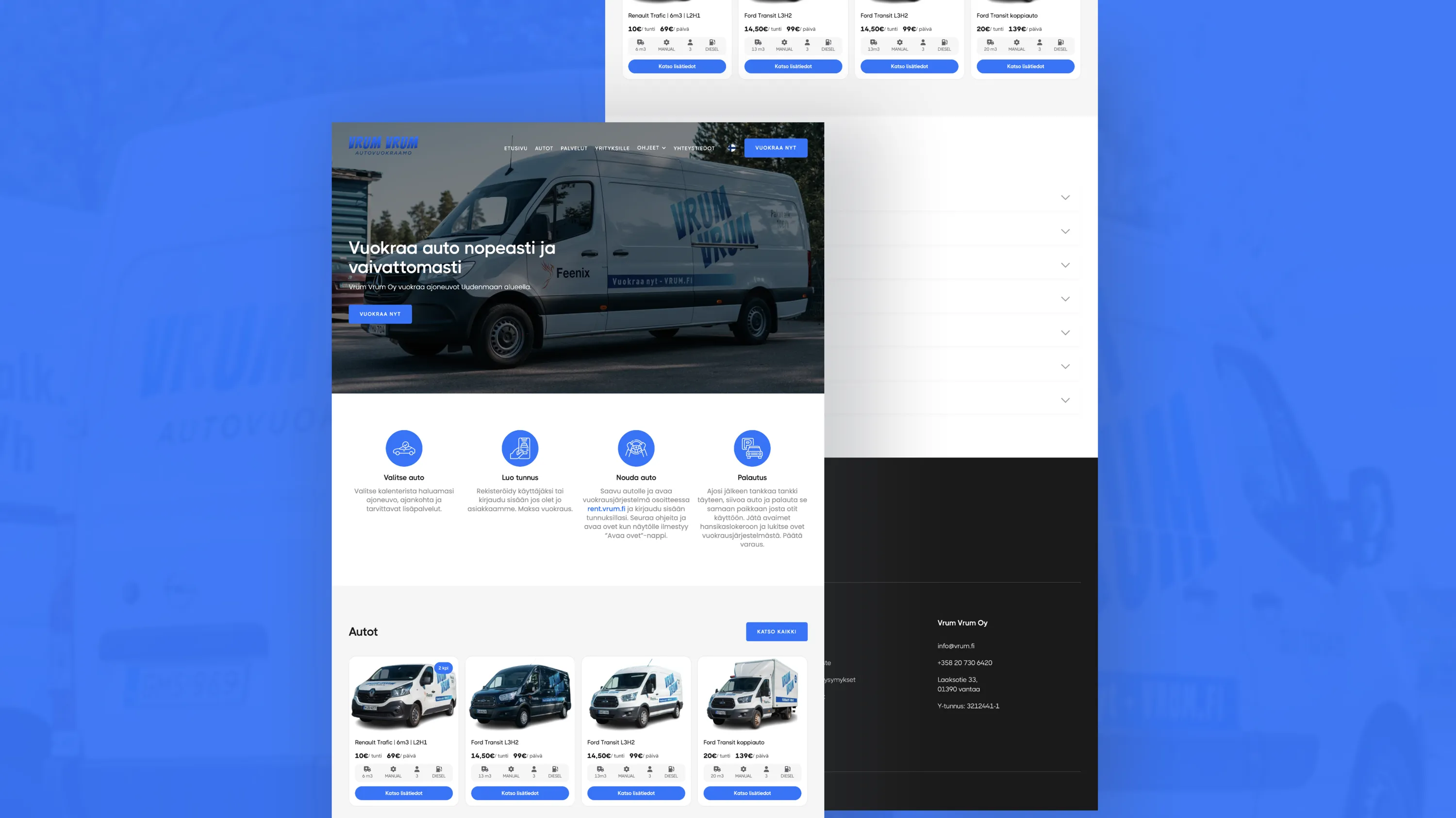 Vrum Vrum -autovuokraamon verkkosivun etusivu, jossa valitaan auto vuokrattavaksi ja esitellään nelivaiheinen vuokrausprosessi sekä viisi pakettiautoa hinnastoineen.