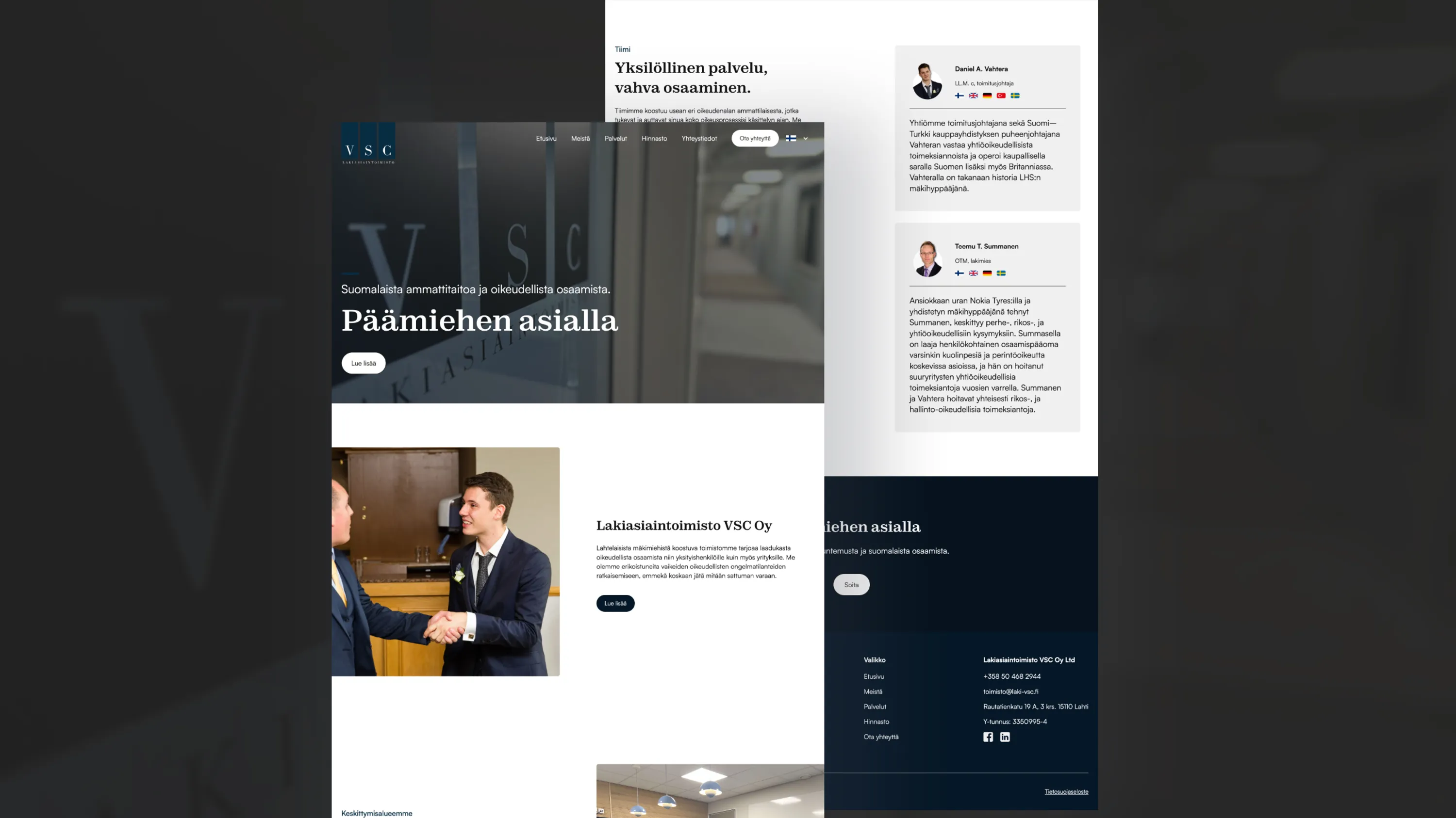 Lakiasiaintoimisto VSC Oy:n verkkosivun etusivu, jossa esitetään tiimi, palvelut ja yhteystiedot sekä kuvia liikemiesten kättelystä ja toimistotiloista.